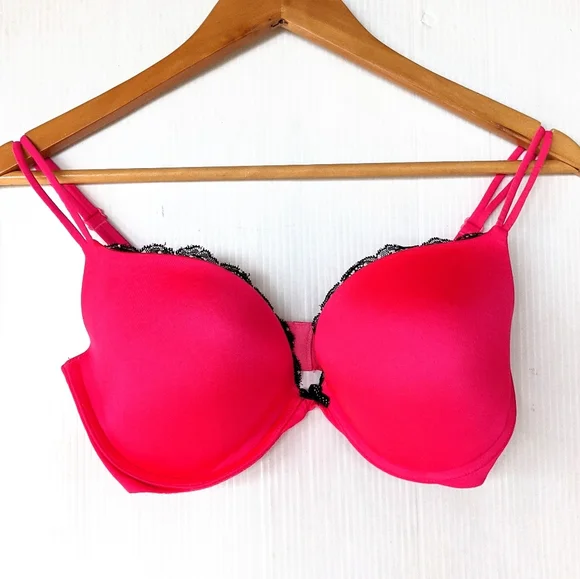 VICTORIA'S SECRET Very sexy push-up bra hot pink black lace 34DD - Picture 1 of 7